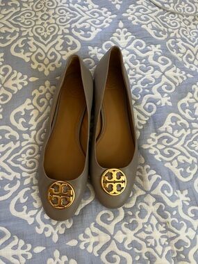 Tory Burch Taupe Leather Ballet Flats with Gold Logo Medallion